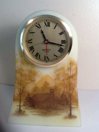 Vintage Fenton Clock W/ Hand Painted Artist Sign Log Cabin Country Scene