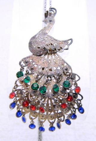 Vtg.  925 Sterling Silver Filigree Multi - Color Rhinestone Peacock Necklace Brooch