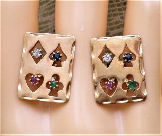 Vintage 14k Yellow Gold Filled Ruby Emerald Sapphire Playing Cards Post Earrings