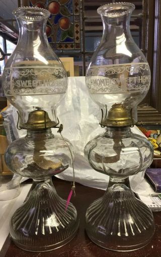 Vintage Pair Clear Eagle Glass Kerosene Oil Hurricane Lamps W/ Chimney Shades