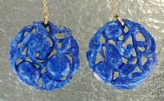 Antique Chinese Carved Lapis & 14k Yellow Gold Dangle Earrings 2