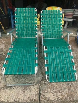 Set Of Vintage Retro Green Folding Aluminum Chaise Lounge Lawn Chairs Webbed
