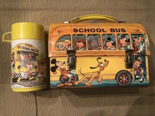 Vintage Disney Mickey Mouse School Bus Lunch Box With Thermos