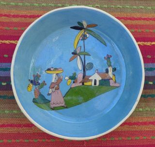 Old Vintage Mexican Tlaquepaque Tourist Pottery Blue Bowl 8 5/8 " Dlam X 1 3/4 "