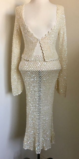 Rare Vintage Bridal Fish Net Sequin Sparkle Cardigan Skirt Set Bachelorette Sz S