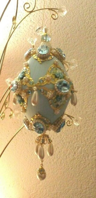June Zimonick Vintage Beaded Ornament Blue Pearelle Roses Swarovski Stones