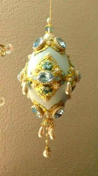 June Zimonick Vintage Beaded Ornament Blue Pearelle Roses Swarovski Stones 2