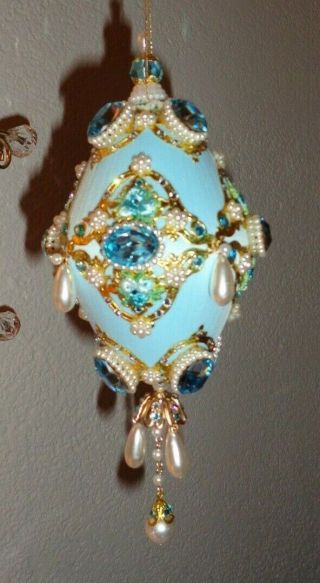 June Zimonick Vintage Beaded Ornament Blue Pearelle Roses Swarovski Stones 5