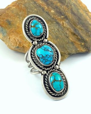 2 - 1/8 " Vintage Navajo Sterling Silver Red Mountain Spiderweb Turquoise Ring Sz 6