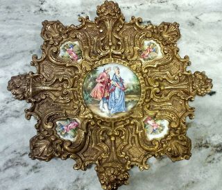 Vintage Ornate Porcelain Brass Wall Hanging Plate W Four Couple Scene Inserts