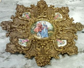 Vintage Ornate Porcelain Brass Wall Hanging Plate w Four Couple Scene Inserts 2
