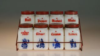 Vintage Tipp City Milk Glass Dutch Spice Set With Diamonds On Rack C.  1939