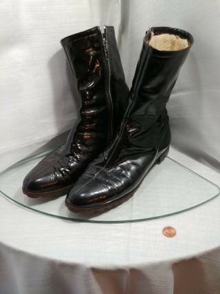 Salvatore Ferragamo Womens Black Patent Leather Zipper Fur Boots Sz 8 B Vtg Low
