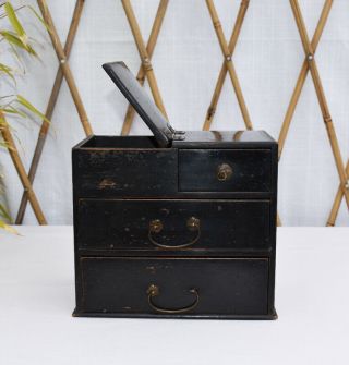 Small Vtg Lacquered Japanese 3 Drawer Wood Sewing Box,  Haribako,  Flip Top Lid
