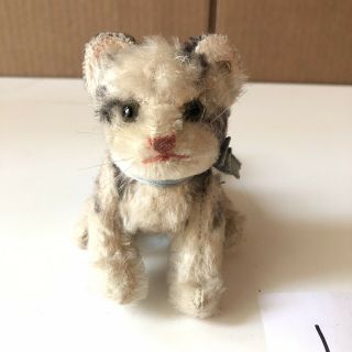 Vintage Steiff 4” Jointed Tabby Cat Kitten Mohair W/ Metal Ear Button Ex Cond