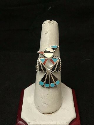 Vintage Sterling Silver And Multi Stone Inlay Thunderbird Ring Zuni Signed
