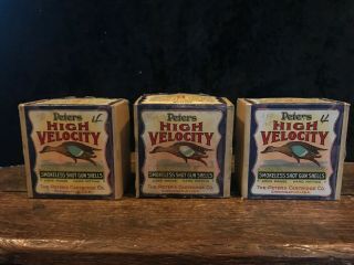 Vintage Peters High Velocity 12 Ga.  Smokeless Shot Gun Shells.  Empty Boxes