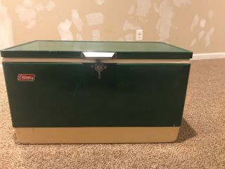 Vintage Coleman Square Metal Cooler Green With Two Storage Bins 28x16x15 Large