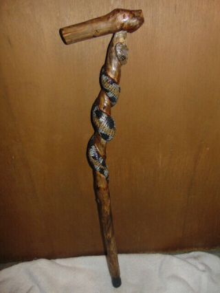 Hand Carved/painted Wood Snake Walking Cane Or Stick Folk Art