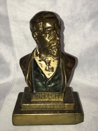 Unique Vintage Charles Dickens Bronze Copper Gold Gilt Bust Statue Sculpture
