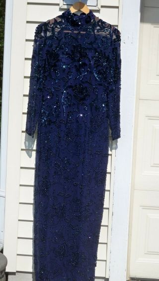 Vintage Oleg Cassini,  Black Tie,  Silk Midnight Blue Beaded Evening Gown,  Sz 10