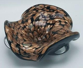 Vintage Mid Century Black Amethyst Murano Heavy Art Glass Bowl Dish Gold Dust