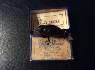 Vintage Fishing Lure,  & Picture Box With Paperwork,  Bill’s Lucky Strike Minnow