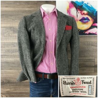 Vintage Harris Tweed Wool 2 Button Sport Coat Blazer Jacket Gray Mens Size 42r