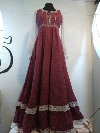 Vtg 70s Gunne Sax Red Calico Floral Corset Lace Boho Prairie Dress