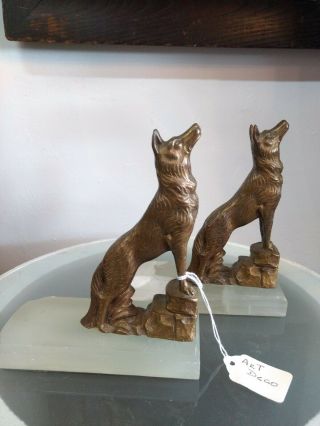 Vintage French Art Deco Spelter & Marble German Shepherd Dog Bookends 6.  5 " Tall