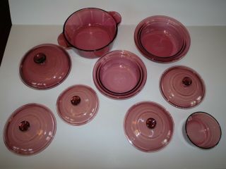 9 Piece Vintage Corning Visions Cranberry Round Casserole Dishes With Lids Pyrex