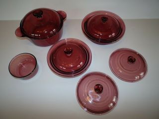 9 Piece Vintage Corning Visions Cranberry Round Casserole Dishes with Lids Pyrex 2