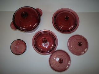 9 Piece Vintage Corning Visions Cranberry Round Casserole Dishes with Lids Pyrex 3