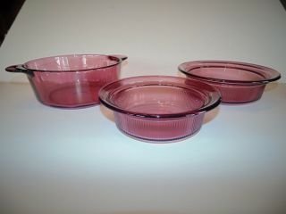 9 Piece Vintage Corning Visions Cranberry Round Casserole Dishes with Lids Pyrex 4