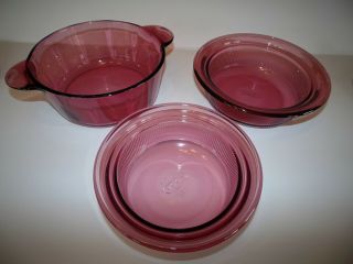 9 Piece Vintage Corning Visions Cranberry Round Casserole Dishes with Lids Pyrex 7