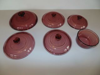 9 Piece Vintage Corning Visions Cranberry Round Casserole Dishes with Lids Pyrex 8