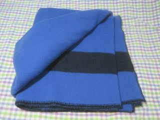 Vintage 100 Wool Blanket Blue / Black Size 93 " X 76 "