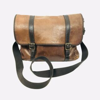 Mens Vintage Fossil Crossbody Messenger Bag Laptop Brown Leather Two Tone Large