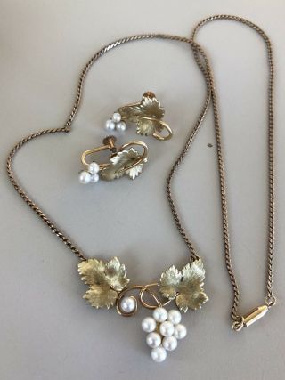 Vintage Gold Filled And Pearl Krementz Grape Cluster Necklace And Earrings