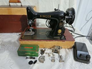 Vintage 1955 Portable Singer Sewing Machine 99 W/ Case & Attachments Am.  34401