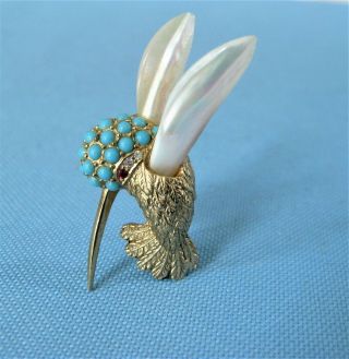 Vtg Rare Marcel Boucher Mother Of Pearl And Faux Turquoise Hummingbird Brooch