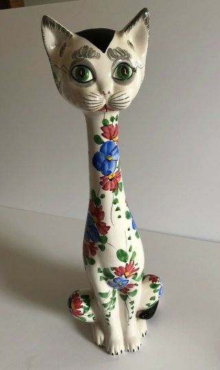 Vintage Mid Century Long Neck Ceramic Cat 15 " Floral Vine Design