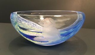 Vintage Etched Puffin Art Glass Bowl By Caithness Maritime