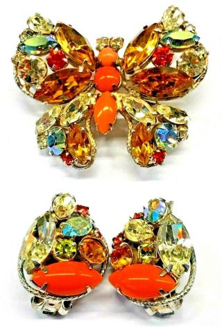 Vintage Regency Jewels Multi Colored Rhinestone Butterfly Brooch Earrings