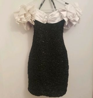 80s Vtg Zum Zum Size 5 Ruffled Shoulder Bedazzled Sequin Prom Party Dress