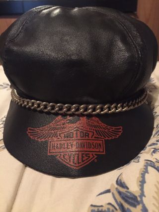 Vintage Harley Davidson Riding Leather Captains Biker Hat Adjustable Strap Usa