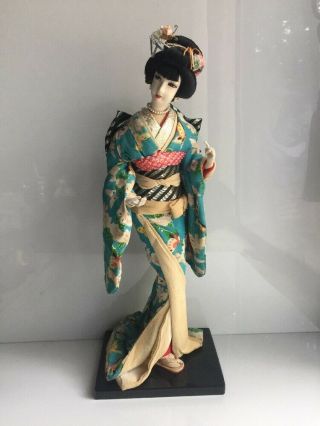 Vintage Geisha Silk Cloth Doll Figurine Kimono Wood Base Japanese Oriental
