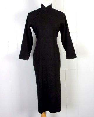 Vtg 40s 50s Early Black Wool Kimono Dress Ls Wiggle Asian Nubby Dot 36 Bust