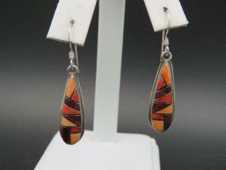Vintage Navajo Signed Je Sterling Silver Tri - Color Spiny Oyster Inlay Earrings