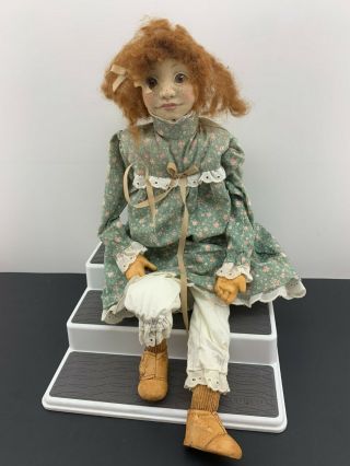 Wood Resin? Doll Wooden Folk Art 13 " Shelf Sitter Farm Girl Freckles Red Hair